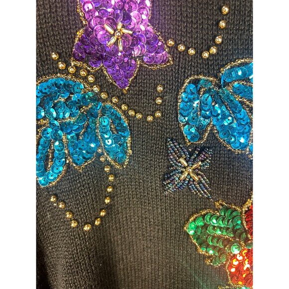 Vintage Womens Lg (estimated) Sweater Black Sequin Floral 80s Old Money - Picture 5 of 8